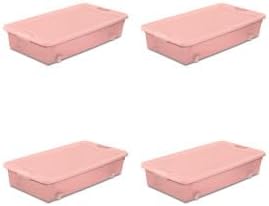 Sterilite 4 Pack Wheeled Under Bed Storage Container, 56 Qt Plastic Bin w/Latching Lid for Organization - Clothes & Shoes Organizer, Pearl Blush Tint