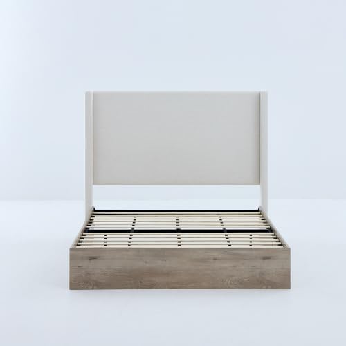 Queen Size Upholstered Bed Frame, 54" Tall Headboard Shelton Wingback Bed Frames, Wood Base Platform Beds, No Box Spring Needed No Noise, Rustic Modern Farmhouse,Textured Ivory Canvas Chenille