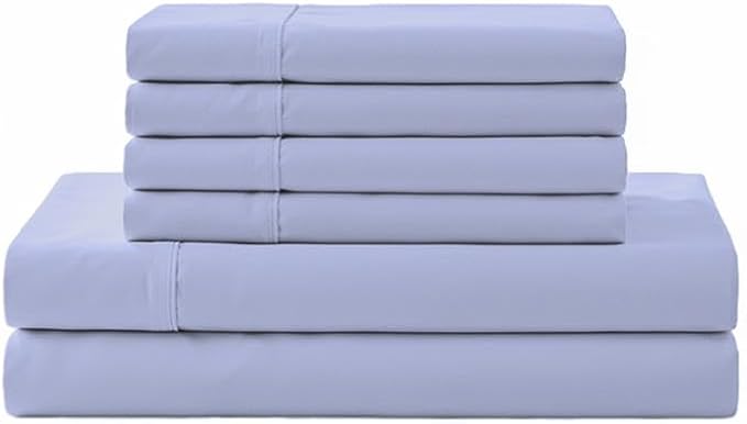 Linen Home 100% Cotton Percale Sheet Set, Queen Size, Baby Blue, Deep Pocket, 6 Pieces Set - 1 Flat, 1 Deep Pocket Fitted Sheet and 4 Pillowcases, Crisp Cool and Strong Bed Linen