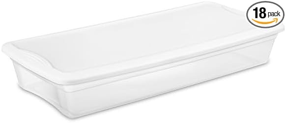 Sterilite 18 Pack Storage Box, 41 Quart Stackable Tote, Clear Plastic Container with Secure Snapping Lids for Home and Office Organization, White