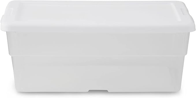 Sterilite 6 Qt Storage Box, Stackable Bin with Lid, Plastic Container to Organize Shoes and Crafts on Closet Shelves, Clear with White Lid, 1-Pack