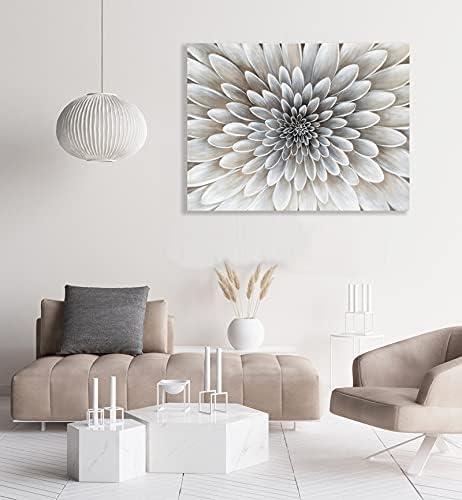 Floral Wall Art in Neutral Color Modern Canvas Decor in Glam Style Framed Artwork with Embellishment Texture Dahlia Flower Picture in White Grey Cream Hues for Office
