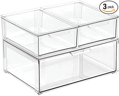 mDesign Plastic Stackable Bathroom Storage Organizer Bin Containers with Front Pull Drawer for Bathroom Countertop, Vanity, Closet Shelves - Holder for Accessories, Lumiere Collection, Set of 3, Clear
