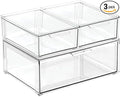 mDesign Plastic Stackable Bathroom Storage Organizer Bin Containers with Front Pull Drawer for Bathroom Countertop, Vanity, Closet Shelves - Holder for Accessories, Lumiere Collection, Set of 3, Clear