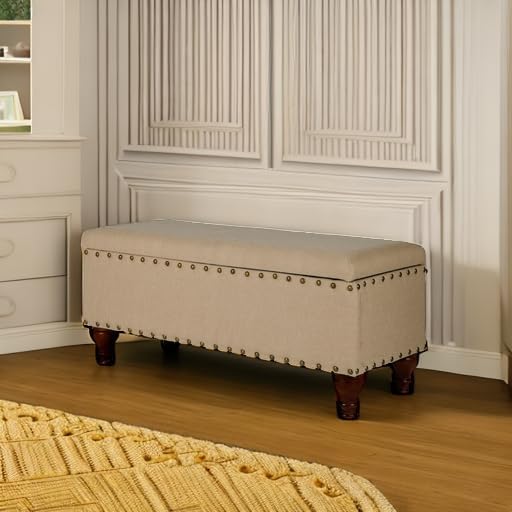 HomePop Large Rectangle Storage Bench with Nail Head Trim - Tan Linen