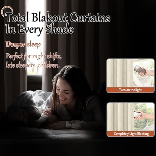 Short Blackout Curtains 45 Inch Length 2 Panels, Thermal Insulated Total Light Blocking Linen Window Curtains for Farmhouse Bedroom Basement, Bronze Grommet, Natural, Each 52" Wide