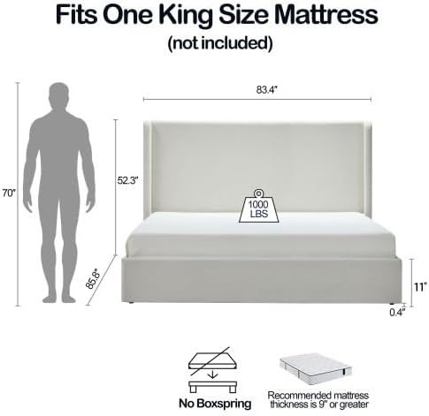 KEIKI King Bed Frame with Upholstered Wingback Headboard, Minimalist Design, No Box Spring Needed – Textured Chenille Upholstery, Ivory