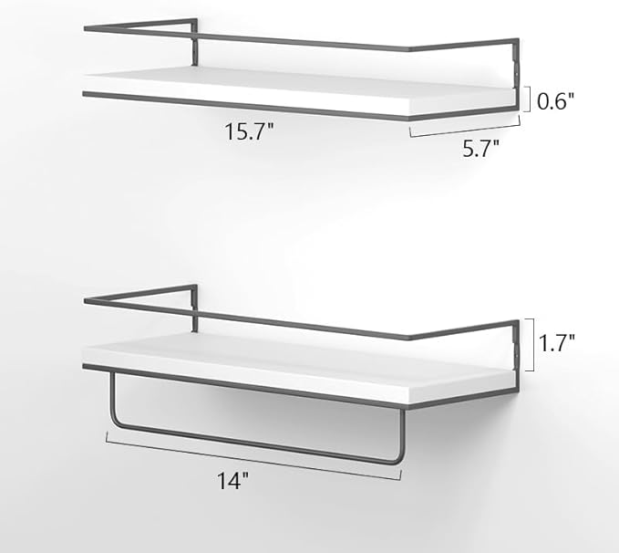 Shario White Floating Shelves - Set of 2, Wall Mounted Hanging Shelves with Grey Towel Rack, Decorative Storage Shelves for Bathroom, Kitchen, Living Room & Bedroom (White Grey, 15.7 Inches)