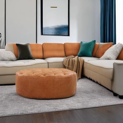 POLY & BARK Ascot Ottoman – 40" Round Pouf with Feather-Down Topper – Full-Grain Leather Upholstered Pouf Ottoman for Living Room – Vintage Italian Leather in Cognac Tan