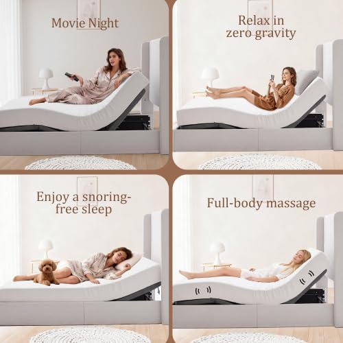 Queen Size Adjustable Bed Frame Base, Caron Electric Bed Base with Head and Foot Incline, Zero Gravity, Massage, App and Wireless Remote, No-Noise, Easy Assembly, Gray