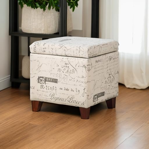 Adeco Fabric Script Pattern Cube Storage Footstool, Hinged Lid, Solid Wood Legs, 18" Height Ottomans & Storage Ottomans, Cream White