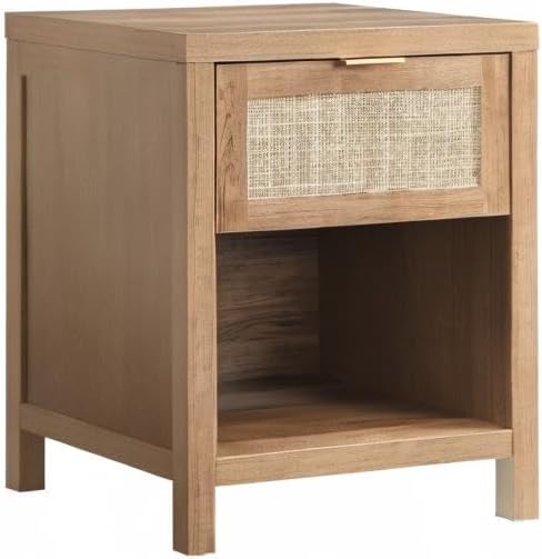 SICOTAS Rattan Nightstand - Farmhouse Night Stand with Drawer and Storage Shelf - Boho Bedside Table - End Side Table for Bedroom,Oak