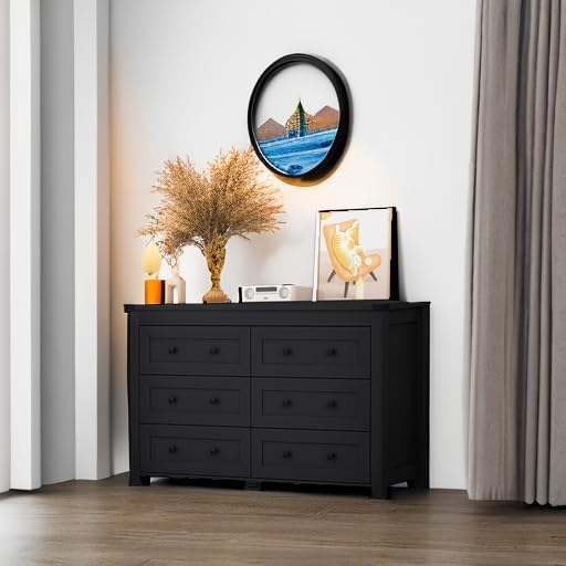 Dresser for Bedroom with 6 Drawers, Farmhouse Wood Chest of Drawers, Wide TV Stand Closet Storage Furniture with Metal Handle, Modern Clothes Organizer for Hallway, Living Room, Entryway, Black