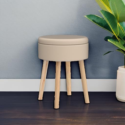 Mxfurhawa Storage Ottoman Linen Round Vanity Stool Tray Top Modern Foot Stool with Wood Legs Multifunctional Upholstered Foot Ottoman Rest for Living Room, Bathroom, Makeup (Beige)