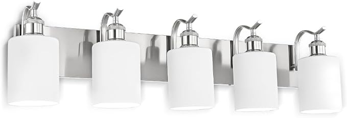 5 Light Bathroom Vanity Light, Brushed Nickel Vanity Lights for Morden Bathroom Lighting Fixtures Over Mirror Wall Light Fixtures with Milky White Frosted Shade ZCVL01BNW-5