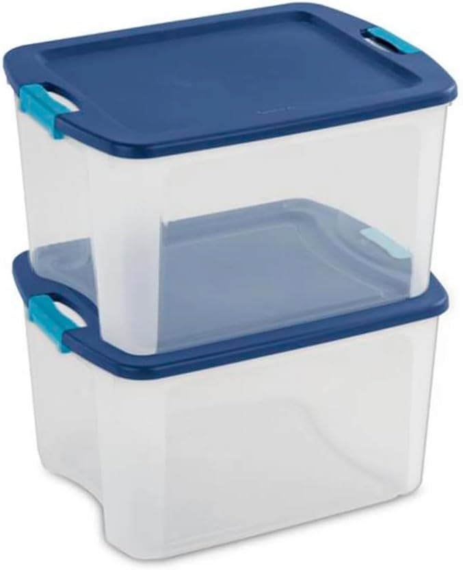 Sterilite 18 Gal Latch and Carry, Stackable Storage Bin with Latching Lid, Plastic Container to Organize Closets, Clear with Blue Lid, 6-Pack