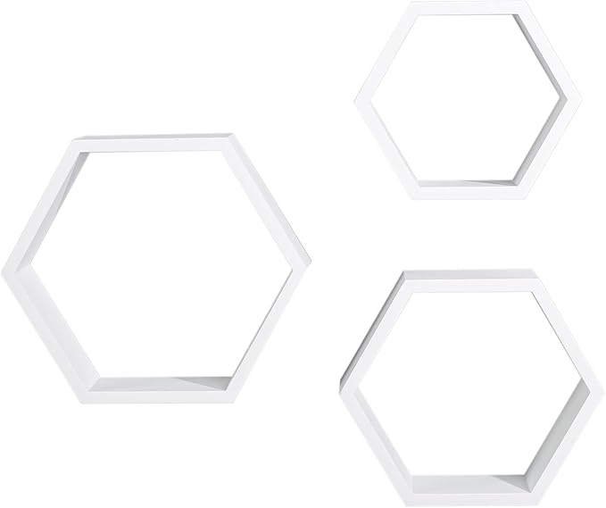 AHDECOR Hexagon Floating Shelves, Set of 3 White Hexagon Wall Shelves | Modern Honeycomb Floating Shelves for Living Room, Bedroom, Office | Hexagonal Wall Organizer Hanging Shelf