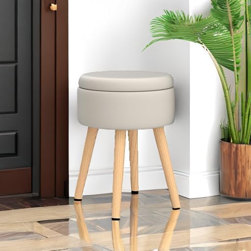 Mxfurhawa Storage Ottoman Linen Round Vanity Stool Tray Top Modern Foot Stool with Wood Legs Multifunctional Upholstered Foot Ottoman Rest for Living Room, Bathroom, Makeup (White)
