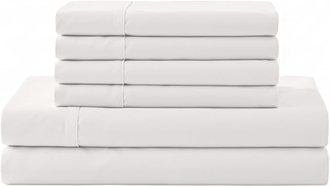 Linen Home 100% Cotton Percale Sheet Set, Full Size, White, Deep Pocket, 6 Pieces Set - 1 Flat, 1 Deep Pocket Fitted Sheet and 4 Pillowcases, Crisp Cool and Strong Bed Linen
