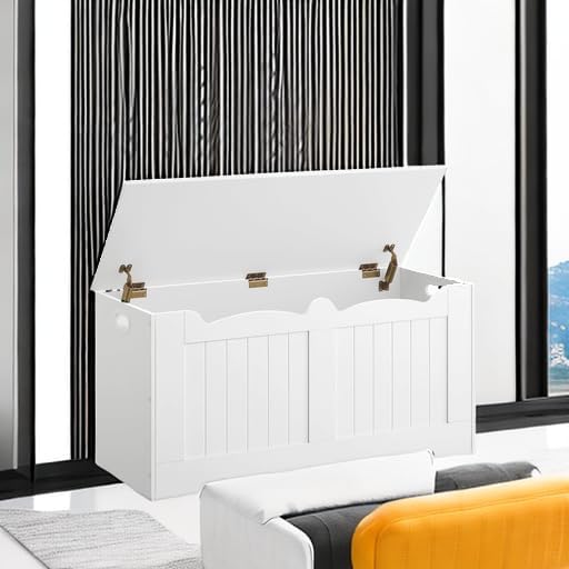 Hzuaneri 39.4" Storage Chest, Storage Bench Trunk with 2 Hinges, Wooden Box, Lift-Top Chest Organizer, Shoe Bench for Entryway, Bedroom, Living Room, White 01003XSB