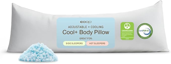 Coop Home Goods Cool+ Adjustable Cooling Body Pillow, 18x52, Cooling Gel Memory Foam & Microfiber, Side Sleeper & Pregnancy Pillow with Cool-to-The-Touch Washable Cover, Breathable Full Body Support