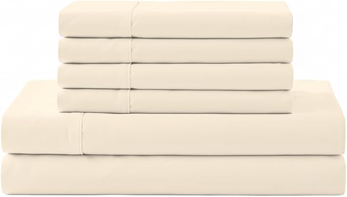 Linen Home 100% Cotton Percale Sheet Set, King Size, Ivory, Deep Pocket, 6 Pieces Set - 1 Flat, 1 Deep Pocket Fitted Sheet and 4 Pillowcases, Crisp Cool and Strong Bed Linen