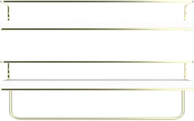 Shario White Floating Shelves - Set of 2, Wall Mounted Hanging Shelves with Golden Towel Rack, Decorative Storage Shelves for Bathroom, Kitchen, Living Room & Bedroom (White Gold, 15.7 Inches) | Hanging Shelves, for Bathroom, Kitchen, Living Room, Bedroom