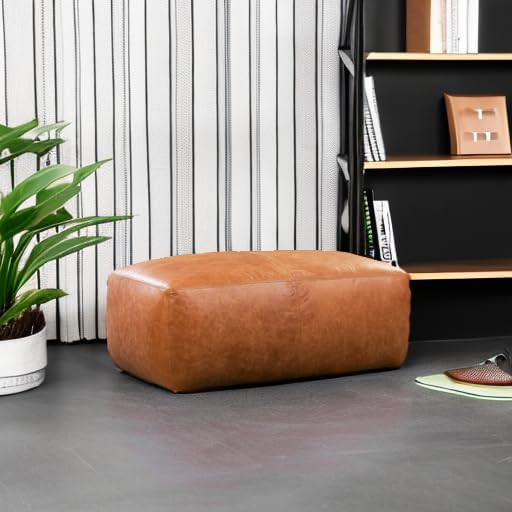 POLY & BARK Denver Ottoman – 43" Large Pouf with Feather-Down Topper – Full-Grain Leather Upholstered Pouf Ottoman for Living Room – Vintage Italian Leather in Cognac Tan