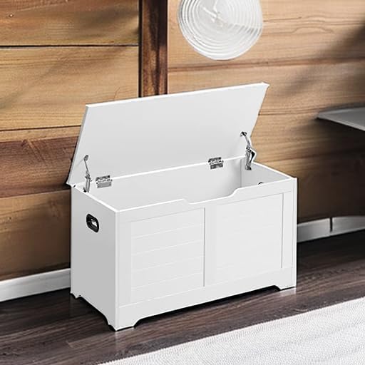 VASAGLE Storage Chest, Storage Bench with 2 Safety Hinges, Farmhouse Style, 15.7 x 31.5 x 18.1 Inches, for Entryway, Bedroom, Living Room, Cloud White ULSB063T14