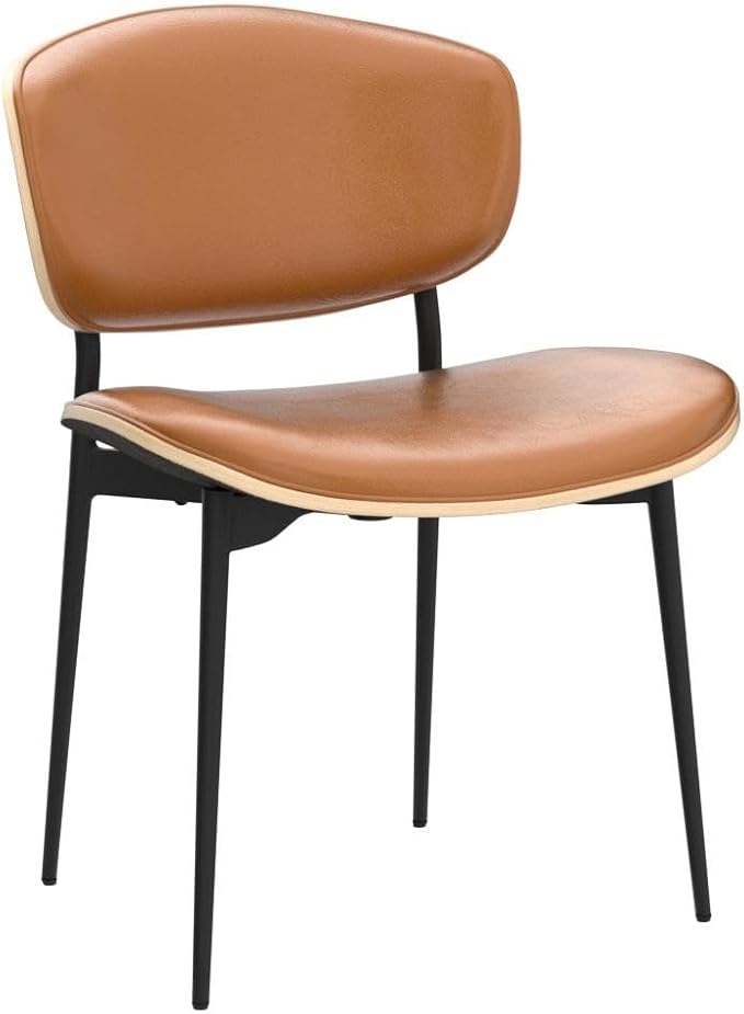 Art Leon Faux Leather Dining Chairs, Set of 2, Mid Century Modern Desk Chair No Wheels, Armless Accent Chair with Black Metal Legs, Brown/Gray Oak