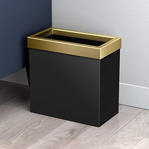 Gatco Modern Rectangle Wastebasket, Matte Black Brushed Brass Combo - Stainless Steel Trash Can with Removable Lid, Leakproof, 3 Gallon Capacity for Bathroom, Bedroom, Kitchen, or Office