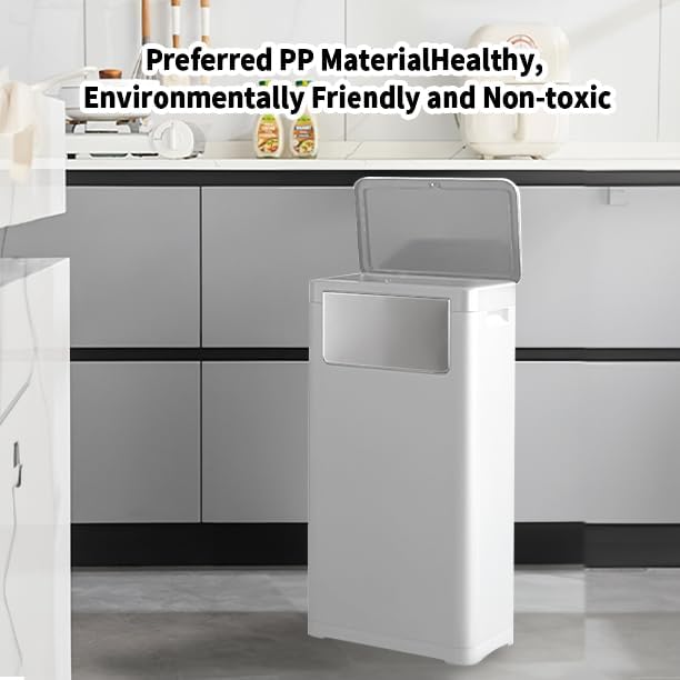 WanWanKa Bathroom Trash Can with Lid,Slim 6 Gallon Commercial Lagre Trash Bin, Tall Skinny Waste Bin with Press Top Lid, Narrow Garbage can for Kitchen,Living Room,Ofice,Laundary Room,Bedroom White