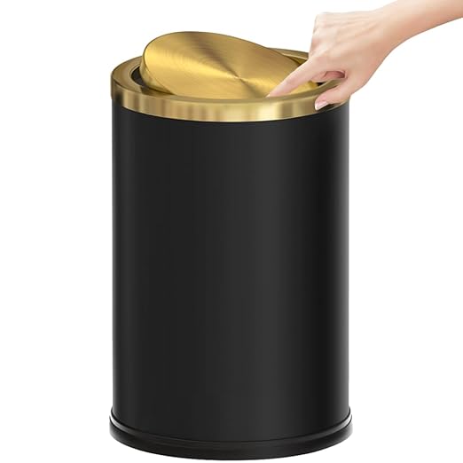 2.4 Gallon/9L Black and Gold Bathroom Trash Can Metal, Stainless Steel Wastebasket with lid, Brass Kitchen Garbage Can for Tolit Bedroom Powder Room Office Hotel (Black and Gold)