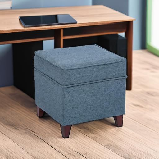 Adeco 17" Square Ottoman with Storage, Small Blue Storage Ottoman Foot Rest with Hinged Lid & Solid Wood Legs, Linen Fabric Foot Stool for Living Room & Bedroom, Seasonal Home Refresh & Gifting