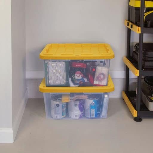 CX BLACK & YELLOW, 27-Gallon Heavy Duty Clear Storage Container & Snap-Tight Lid, Clear & Yellow (14.3H x 20.6W x 30.6D), Weather-Resistant, Stackable, See-Through Organization Tote [2 Pack]