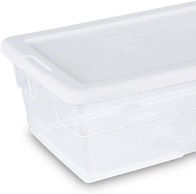 Sterilite 6 Qt Storage Box, Stackable Bin with Lid, Plastic Container to Organize Shoes and Crafts on Closet Shelves, Clear with White Lid, 1-Pack