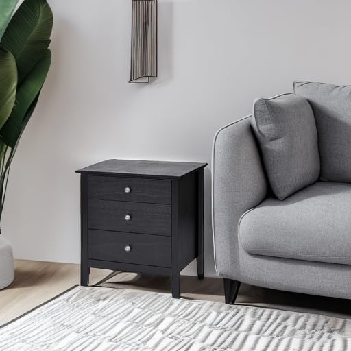 Giantex Nightstand with 3 Drawers, Wooden Side End Table with Solid Wood Legs, Retro 3-Drawer Bedside Table Night Stand for Bedroom Home Office Small Space, Easy Assembly, Black