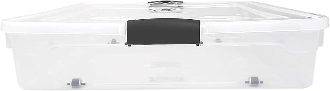 HOMZ 2-Pack Under Bed Storage, Clear Plastic Containers with Lids, 56 Quart, Gray Latch - Stackable Underbed Organizer Bins for Shoes, Bags, Clothes, and Towels