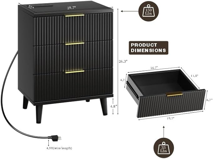 Fluted Night Stand Set of 2 with USB Charging Station, 3-Drawer Dresser Black Wood Modern Night Stand Bedside Table with Quiet Drawers & Large Storage End Table for Bedroom