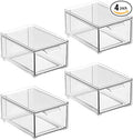 mDesign Plastic Bathroom Organizer Bin w/Pull Out Drawer - Slim Stackable Storage Container for Bathroom Accessories - Perfect for Organizing Bathroom Cabinet - Lumiere Collection - 4 Pack - Clear