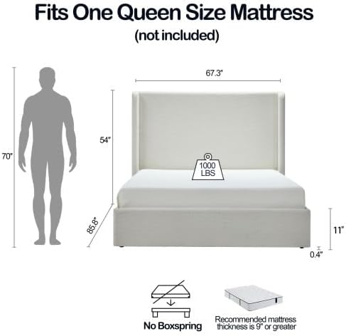 KEIKI Queen Bed Frame with Upholstered Wingback Headboard, Tufted Chenille Platform Bed, No Box Spring Needed, Ivory