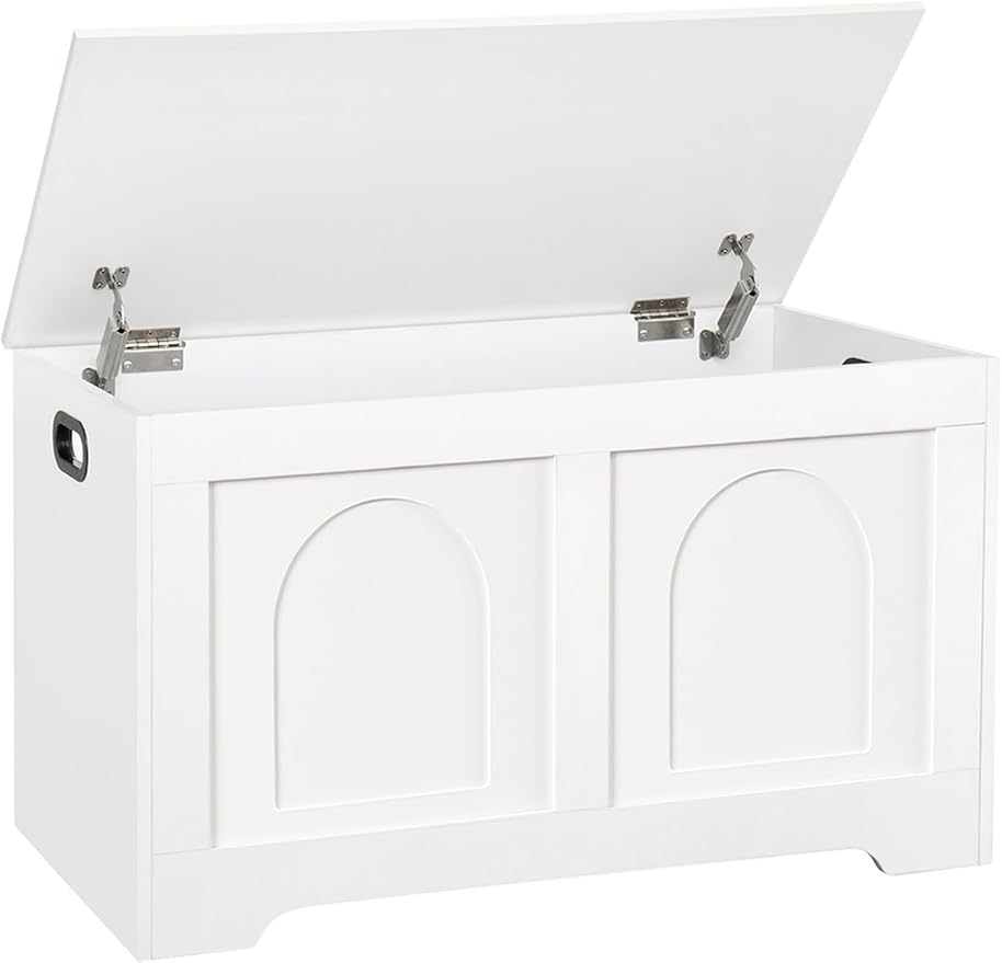 DINZI LVJ Storage Chest, 31.5”Wooden Toy Box with 2 Safety Hinges, Entryway Storage Bench with Flip-Top, Sturdy Storage Trunk for Living Room, Bedroom, Easy Assembly, White
