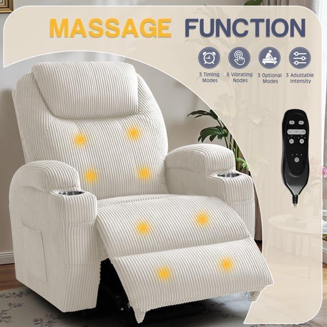 Furmax Electric Power Lift Recliner Chair with Massage for Elderly Corduroy Fabric Recliner Single Sofa with Cup Holders, Side Pockets and Remote Control for Living Room Bedroom (White)