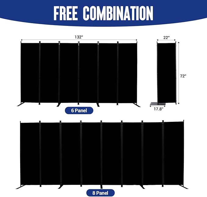 Room Divider and Folding Privacy Screens 6 Panel, 11 Ft Wide Room Partitions Dividers, Portable Room Divider Screen for Room Separtition, Folding Wall Dividers for Rooms, Office, Bedroom, Studio Black