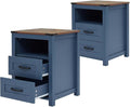 Blue Rustic Night Stand Set of 2, Farmhouse End Table, Modern Bedside Table with 2 Storage Drawers and Open Shelf, Tall Nightstand for Bedroom