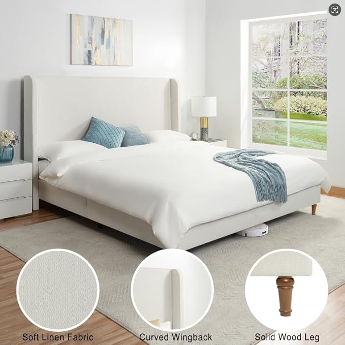 King Size Upholstered Bed Frame, Harper 54" Tall Headboard Platform Beds, Wingback Headboard Bedframes/No Box Spring Needed/Easy Assembly/Elegant Simplicit, Ivory Chenille