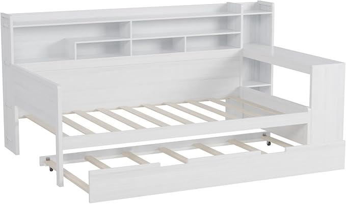 Merax Twin Size Corner Daybed Bed Frames with Desk and Trundle & Storage Shelves Headboard, Pinewood U-Shaped Captain Daybed Bed Frames for Small Room, Bedroom, Guest Room, Kids' Room, White