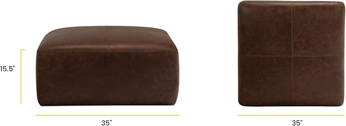 Poly & BARK Sequoia Ottoman – 35” Square Pouf with Feather-Down Topper – Full-Grain Leather Upholstered Pouf Ottoman for Living Room – Vintage Italian Leather in Chocolate Brown