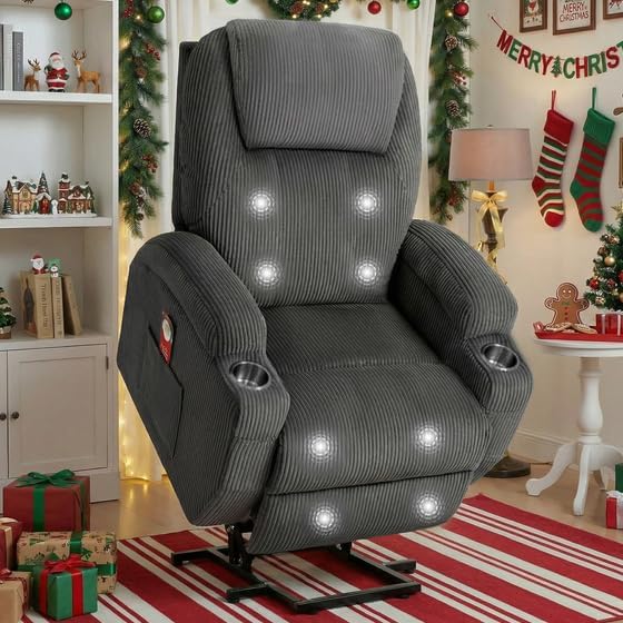 Furmax Electric Power Lift Recliner Chair with Massage for Elderly Corduroy Fabric Recliner Single Sofa with Cup Holders, Side Pockets and Remote Control for Living Room Bedroom (Gray)