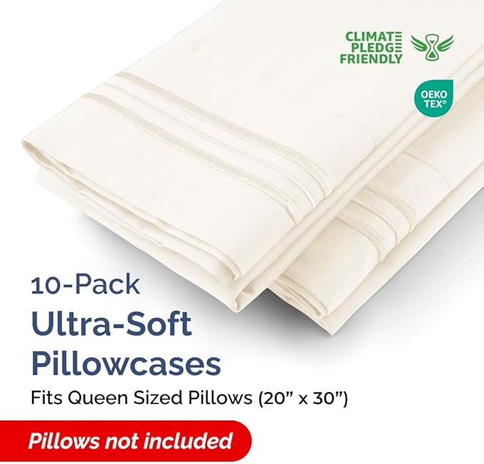 Queen Pillow Cases Set of 10 - Ultra Soft Hotel Quality Pillowcase Covers - Comfy, Cozy & Wrinkle Free - Shrink, Stain and Fade Resistant - Machine Washable Pillow Protectors - 10 Pcs Set - Off White